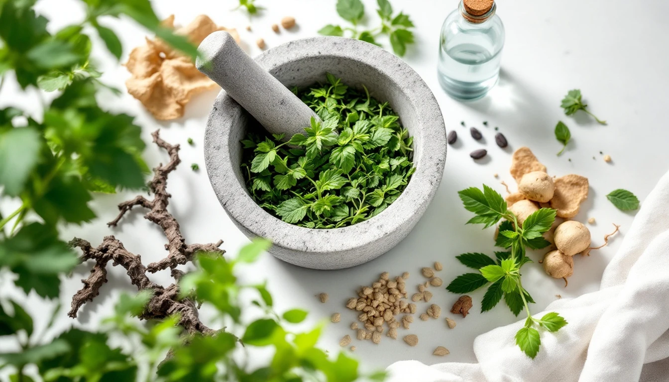 Fresh herbs, roots and a mortar and pestle on a bright surface.